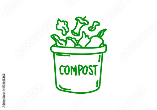 Cubo de reciclaje para compost con restos orgánicos de comida dibujado con trazos verdes