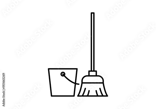 Icono de escoba y cubo de limpieza para tareas domésticas en estilo lineal