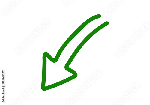 Flecha curva verde dibujada a mano apuntando hacia abajo y a la izquierda 