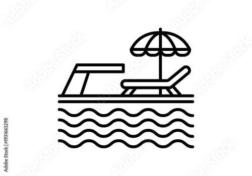 Icono de piscina con trampolín, tumbona y sombrilla sobre ondas de agua