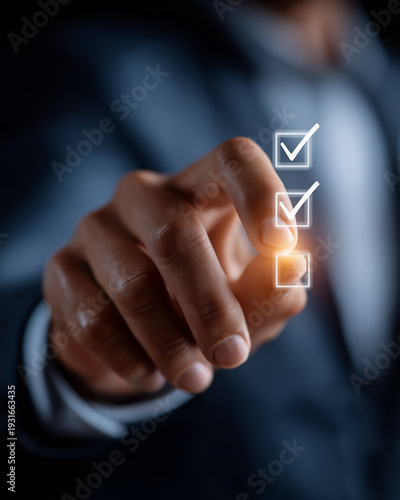 Wallpaper Mural Achieving Objectives: A focused hand of a professional man, completing a checklist with precision, symbolizing planning, decision making, and task execution. Torontodigital.ca