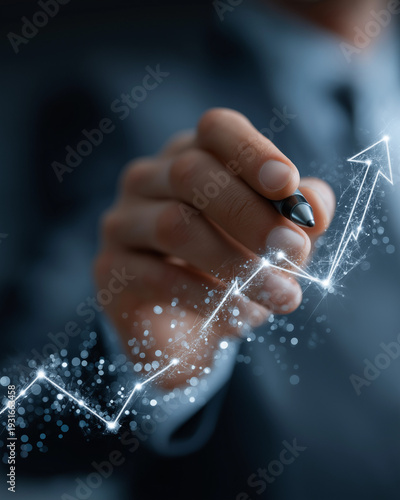 Chart of Growth: A close-up shot of a person's hand tracing an upward trend line, symbolizing the pursuit of growth, progress, and ambition.