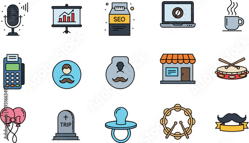 Business Marketing and Lifestyle Icon Set with SEO Presentation Laptop Store Payment Podcast Music and Personal Profile Symbols Collection.