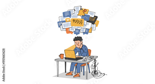 information overload concept, overwhelmed person with digital notifications, emotional realistic vector illustration isolated on white background