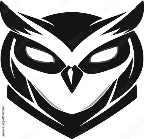 Modern stylized owl head mascot vector illustration. Sharp, geometric bird of prey icon perfect for sports teams, gaming logos, or security branding.