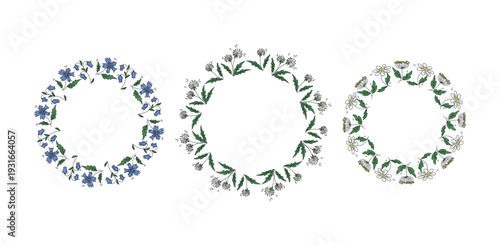 Hand-drawn flowers, banner with space for text. Set of round frames and borders. Multicolored meadow plants in cartoon style. Illustration, doodle. Colored icons, dandelion, chamomile, bellflower.
