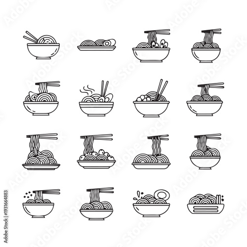 Noodle Bowl Icons Set Chopsticks Asian Food Dishes Simple Line Graphics