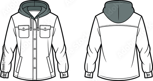 Black and white hooded jacket technical drawing, front and back view, coat sketch, fashion design illustration, apparel outline, clothing vector, garment design