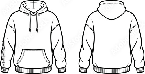 Black and white hoodie technical drawing, front and back view, sweatshirt sketch, fashion design illustration, apparel outline, clothing vector, garment design