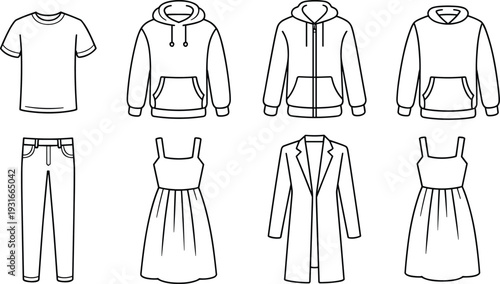 Black and white clothing line drawings, casual fashion illustration, hoodie, t-shirt, jeans, dress, coat, apparel sketch, vector design