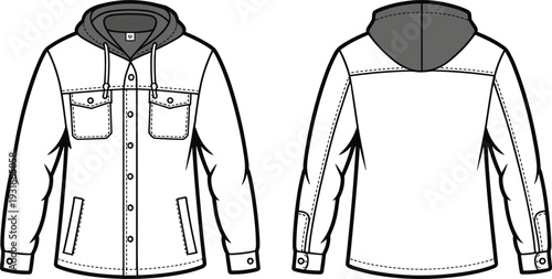 Black and white jacket technical drawing, front and back view, hooded coat sketch, fashion design illustration, apparel outline, clothing vector, garment design