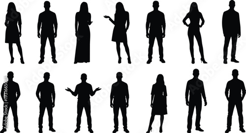Business people standing silhouette collection, professional men and women isolated black flat vector illustration set