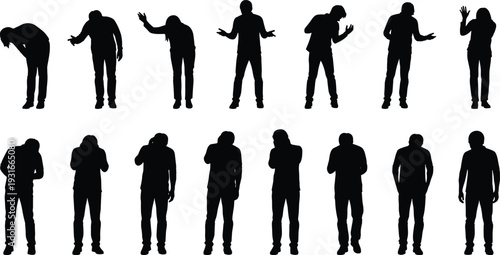 Confused frustrated man silhouette set, emotional body language gestures isolated black flat vector illustration collection
