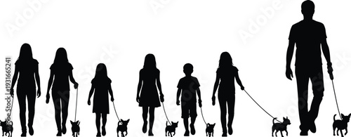 Family walking with dogs silhouette collection, people and pets on leash isolated black flat vector illustration set