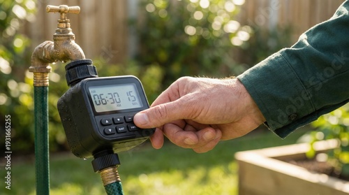 Hand of a person adjusting a digital timer on a garden hose faucet, with a green garden hose and raised garden beds visible in a well-maintained backyard setting