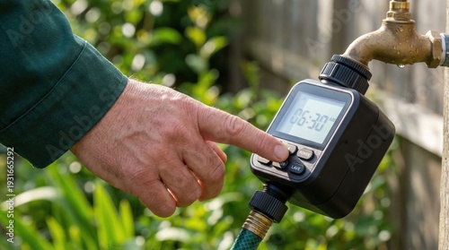 Hand adjusting digital timer on garden hose irrigation system, with lush green plants and wooden fence in the background, showcasing outdoor gardening and water management technology