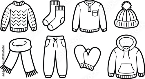 Winter clothing illustration, sweater, socks, shirt, beanie, scarf, sweatpants, mittens, hoodie, black and white, fashion, apparel, cozy, warm, seasonal, outfit