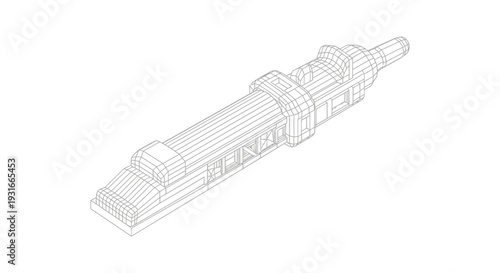 a detailed wireframe 3d model of a complex mechanical device rendered in an isometric view on a clean white background illustrating advanced engineering design and precision manufacturing.