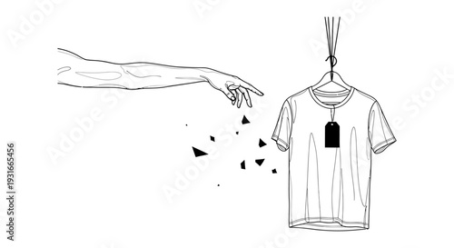 abstract line art a hand reaching towards a t-shirt with a price tag depicting the interplay of branding fashion and consumer value.