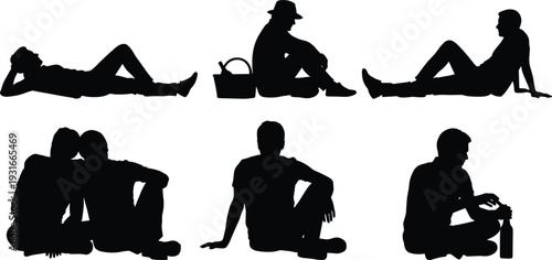 People sitting and relaxing silhouettes, men resting casual poses isolated black flat vector illustration collection set