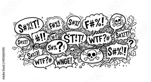 chaotic doodle of angry speech bubbles censored profanity and skull symbols visually expressing frustration and a verbal outburst.