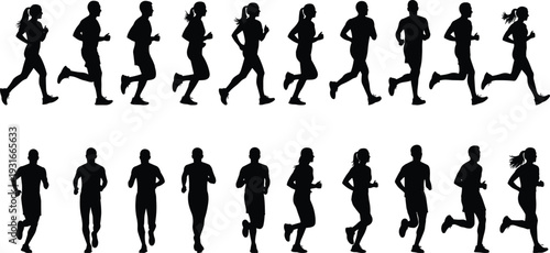 Running people silhouette collection, men and women jogging athlete isolated black flat vector illustration set for fitness design