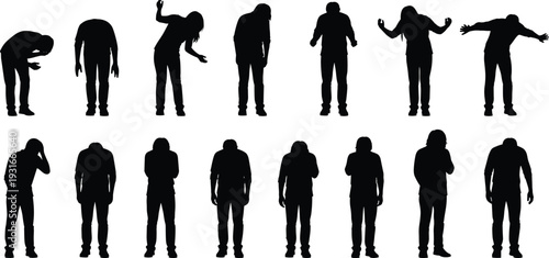 Sad depressed man silhouette collection, emotional stress body language poses isolated black flat vector illustration set