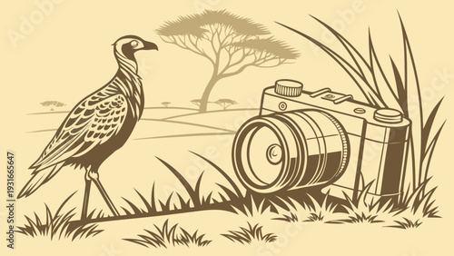 Bird and Camera in Safari Landscape Sketch.