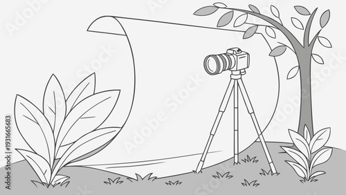 Camera on tripod capturing nature scene with blank paper for creative photography.