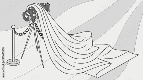 Camera on tripod with elegant fabric draped over it red carpet event concept.