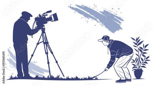 Cameraman filming a person playing golf outdoors.
