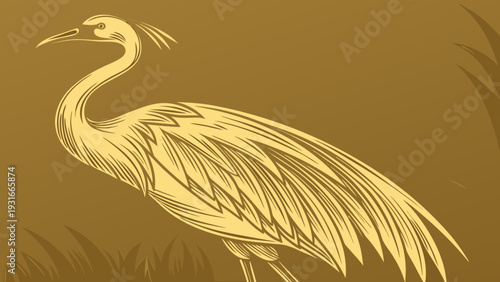 Elegant golden heron standing gracefully amidst lush green reeds.