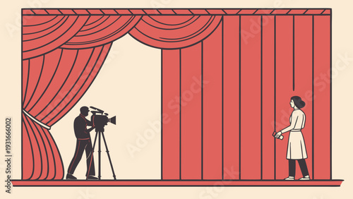 Filming a Scene on Stage with Red Curtains.