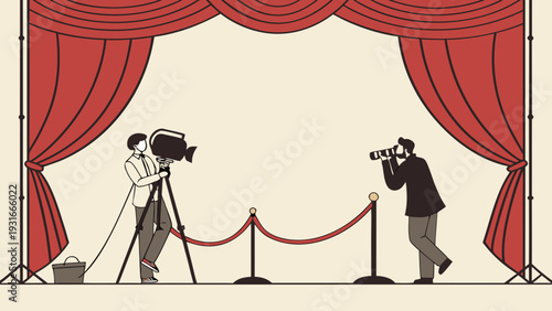 Filming and photography on a stage with red curtains and velvet ropes.