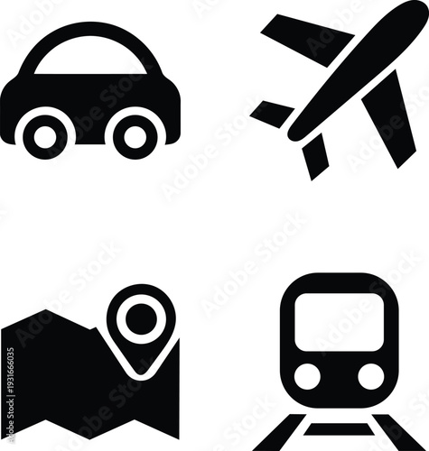 Collection of four black transportation icons including a car airplane map pin and train isolated on transparent background