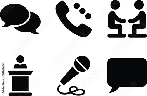 Collection of six communication and business icons representing speech bubbles phone call meeting presentation and microphone isolated on transparent background