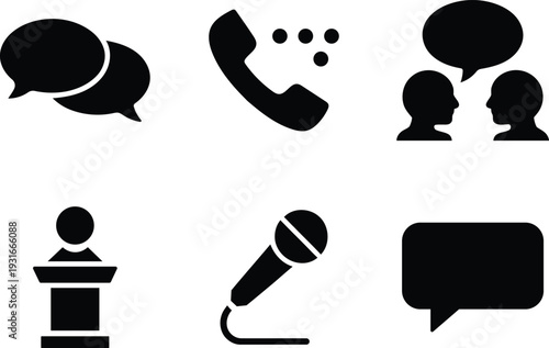 Set of communication icons including speech bubbles telephone handset people talking podium speaker microphone and chat box