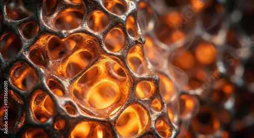 内部の熱で発光する多孔質金属ナノ材料の極端なクローズアップ