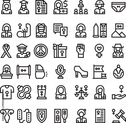 Women's Empowerment and Feminism Icon Set, Large Set of Black Outline Women Rights and Female Empowerment Icons Vector Illustration