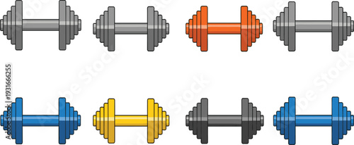 Dumbbell Fitness Equipment Icon Set with Colorful Barbell Weights for Gym Workout Bodybuilding Strength Training and Sports Design Collection.