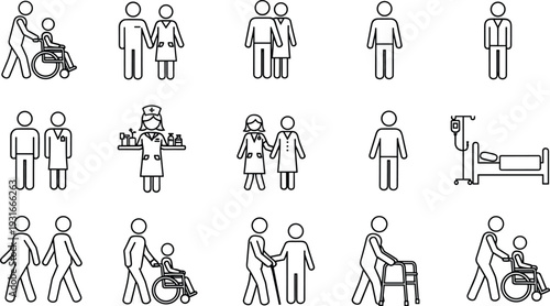 Healthcare assistance icons vector set with elderly care disability support and medical help symbols