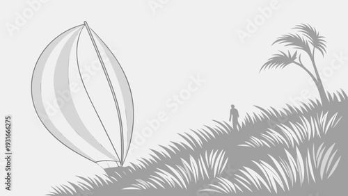 Hot Air Balloon Flying Over Grassy Hillside Landscape.