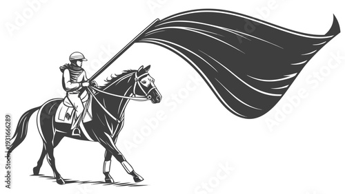 Horseman with flowing flag in monochrome illustration.