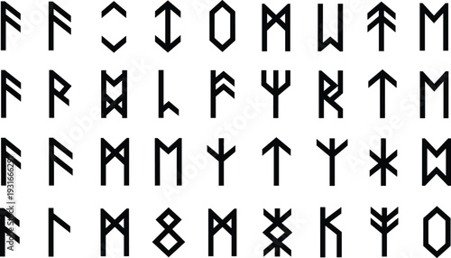 Nordic runes alphabet symbols vector set with ancient Viking letters isolated rune characters collection