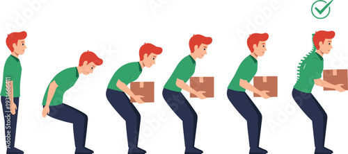 Proper lifting technique vector illustration showing safe box lifting posture step by step guide