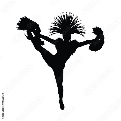 Dynamic cheerleader performing energetic stunt with pom poms