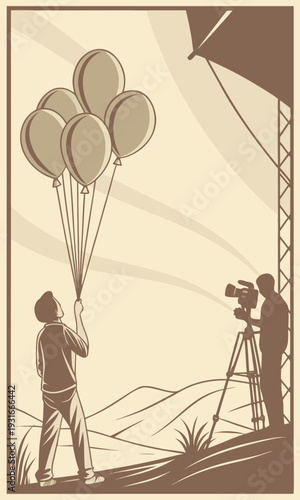 Child with balloons filmed by cameraman on set.