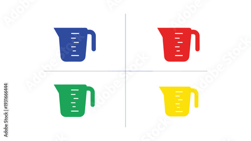Four differently colored measuring cups arranged in a two-by-two grid