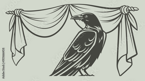 Majestic Raven Perched Under Draped Fabric Banner.