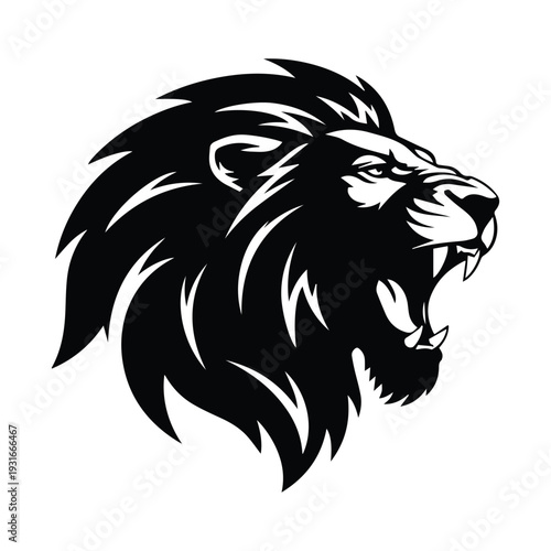 Fierce lion head in aggressive stance with open mouth and sharp teeth